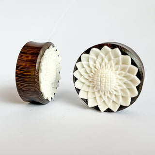 30mm or 36mm Wood & Resin Carved Flower Plugs - PAIR