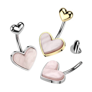Mother of Pearl Heart Navel Barbell - Gold (14g)