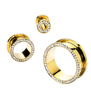 Gold PVD Steel & CZ Screw Fit Double Flared Tunnel