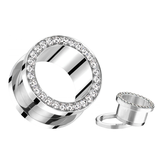 Silver Steel & CZ Screw Fit Double Flared Tunnel