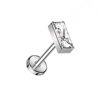 Titanium Threadless Push-In Flat Back Stud with Baguette Cut CZ - Silver