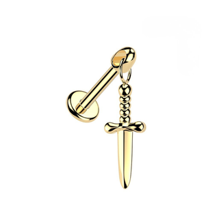 Titanium Internally Threaded Flat Back Stud with Dagger Charm - Gold