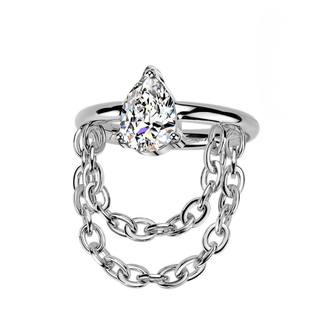 Titanium Teardrop CZ Segment Ring With Double Chain - Silver