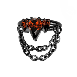 Titanium Hinged Crown Segment Ring with Pear CZ & Double Chain Charm - Black