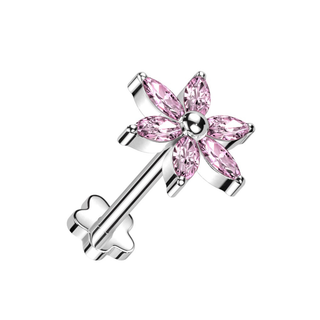 Threadless Titanium Marquise Flower Stud with Flower Base - Pink