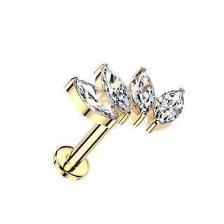 Titanium Threadless Flat Back Stud With 4 Marquise CZ - Gold