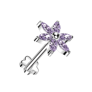 Threadless Titanium Marquise Flower Stud with Flower Base - Lavender