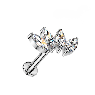 Titanium Threadless Flat Back Stud With 4 Marquise CZ - Silver