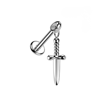 Titanium Internally Threaded Flat Back Stud with Dagger Charm - Silver