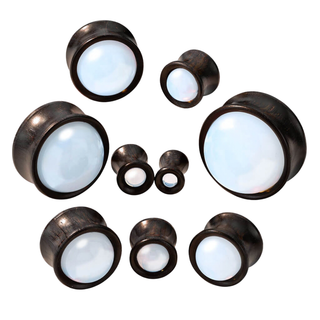 Opalite Stone Front Double Flared Ebony Wood Saddle Plugs