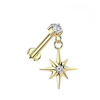 Titanium Threadless Flatback Stud With CZ Top And Starburst Charm - Gold