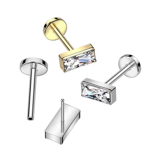 Titanium Threadless Push-In Flat Back Stud with Baguette Cut CZ - Silver