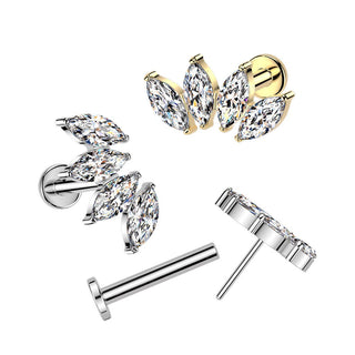 Titanium Threadless Flat Back Stud With 4 Marquise CZ - Silver