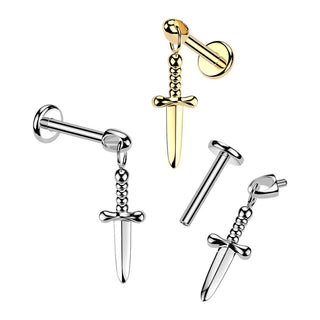 Titanium Internally Threaded Flat Back Stud with Dagger Charm - Gold