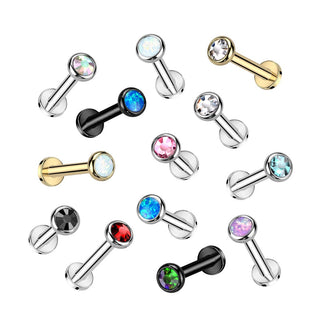 Titanium Internally Threaded Flat Back Stud with Bezel Set Opal - Black/Blue