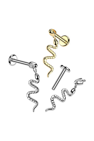 Titanium Internally Threaded Flat Back Stud with Snake Charm - Gold
