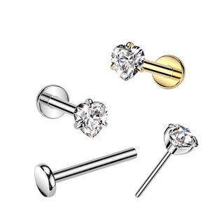 Titanium Threadless Push-In Flat Back Stud with Claw Set Heart CZ - Gold