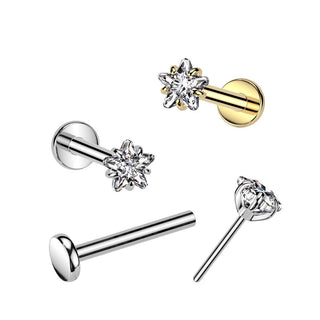 Titanium Threadless Push-In Flat Back Stud with Claw Set Star CZ - Gold
