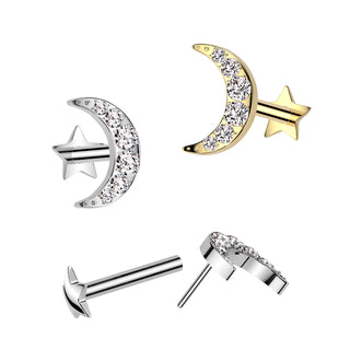 Gold Titanium CZ Moon Threadless Star Back Stud (18g-16g)