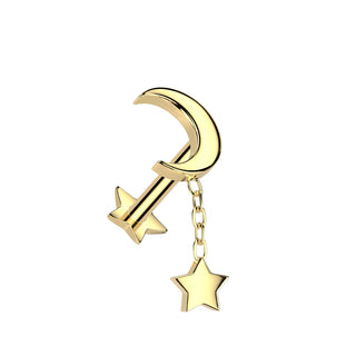 Gold Titanium Star & Moon Threadless Flatback Stud (18g-16g)