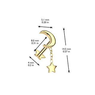 Gold Titanium Star & Moon Threadless Flatback Stud (18g-16g)