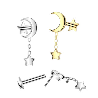 Gold Titanium Star & Moon Threadless Flatback Stud (18g-16g)