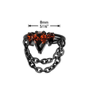 Titanium Hinged Crown Segment Ring with Pear CZ & Double Chain Charm - Black