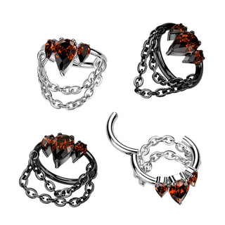 Titanium Hinged Crown Segment Ring with Pear CZ & Double Chain Charm - Black