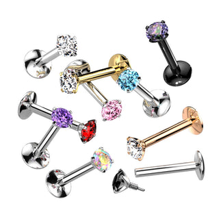 Silver Titanium CZ Claw Set Flatback Stud - Long Thread (18g-16g)