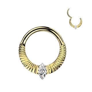 Titanium Hinged Segment Hoop Ring With Diamond Cuts & Marquise CZ