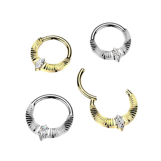 Titanium Hinged Segment Hoop Ring With Diamond Cuts & Marquise CZ